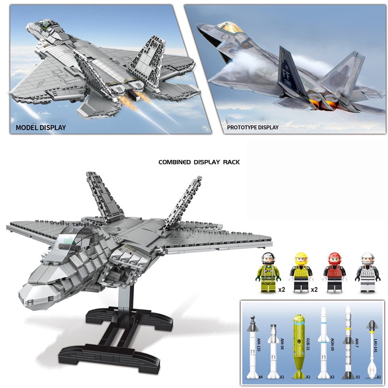 Đồ chơi Lắp Ráp Máy Bay Tàng Hình F22, Mingdi 9002 Raptor Fighter, Xếp hình thông minh