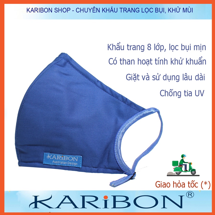 Khẩu trang Karibon Cotton 8 lớp có than hoạt tính, lọc bụi mịn và khử mùi, tiêu chuẩn châu Âu EN 143:2000
