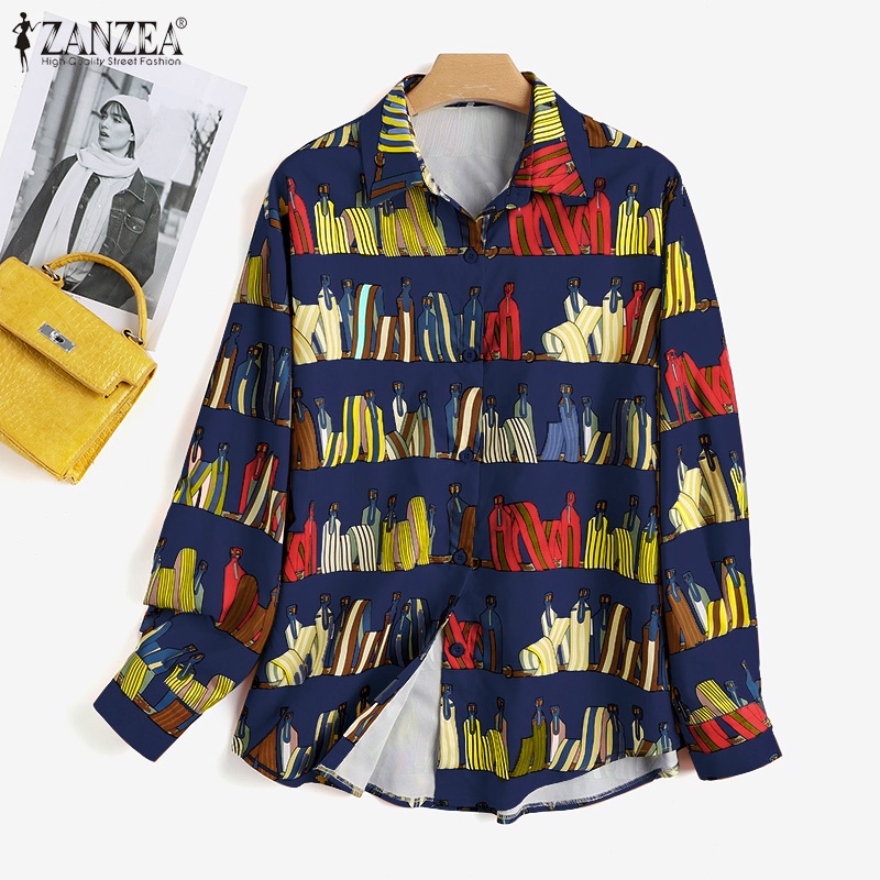 Áo sơ mi Zanzea tay dài dáng rộng in họa tiết phong cách cổ điển dễ phối đồ thời trang dành cho nữ