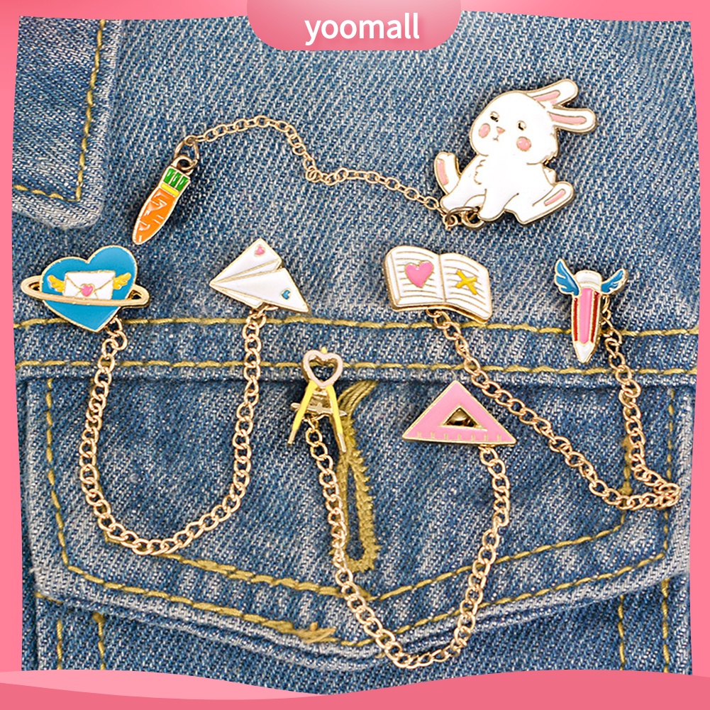YOML✔Women Cute Rabbit Carrot Heart Book Ruler Denim Jacket Collar Chain Brooch Pin