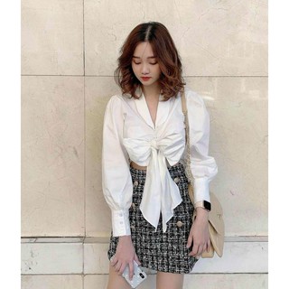 Áo sơ mi trắng croptop cột nơ