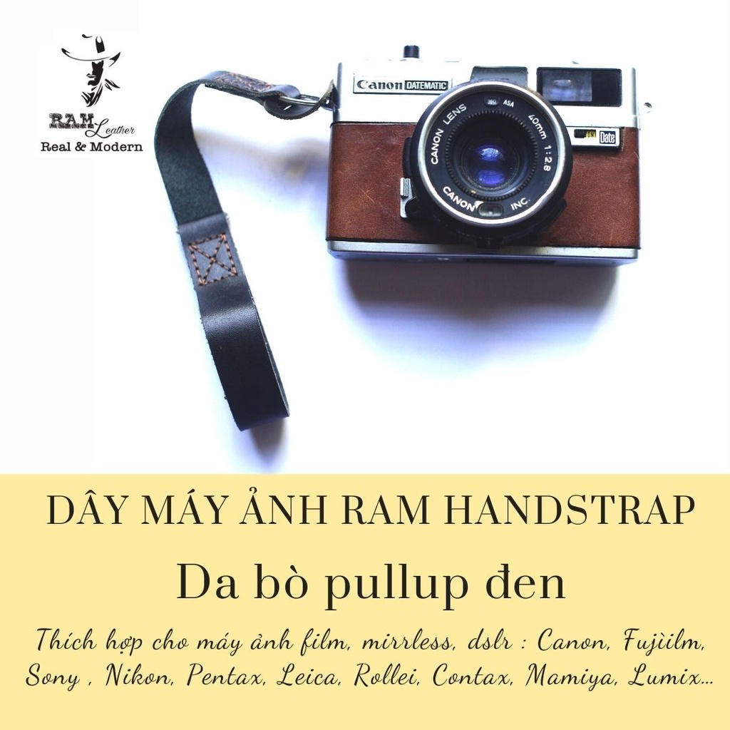 Dây máy ảnh vintage RAM Leather Handstraps đeo tay da bò thật da bò đen tuyền sang trọng