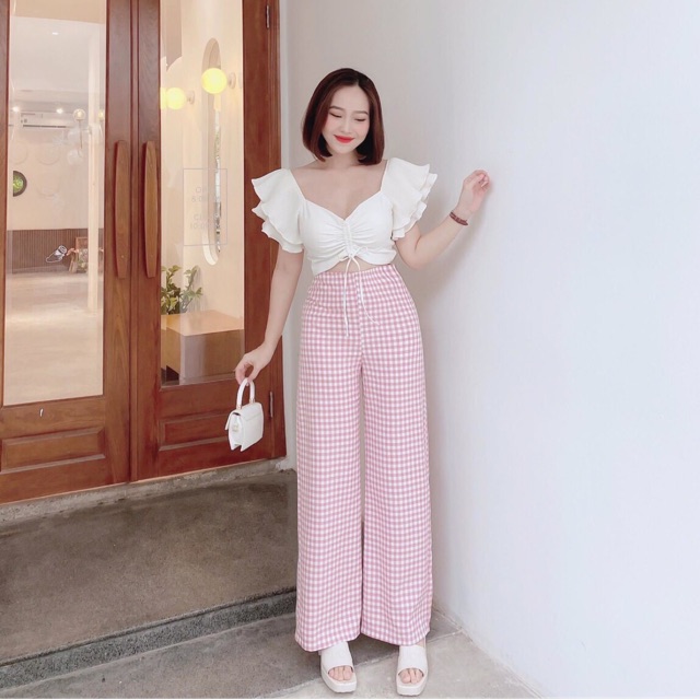 Sét đồ bộ quần sọc kare phối áo ngắn rút dây tay bèo