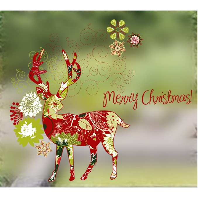 Decal dán kính cao cấp / Tuần lộc săc màu Merry Christmas