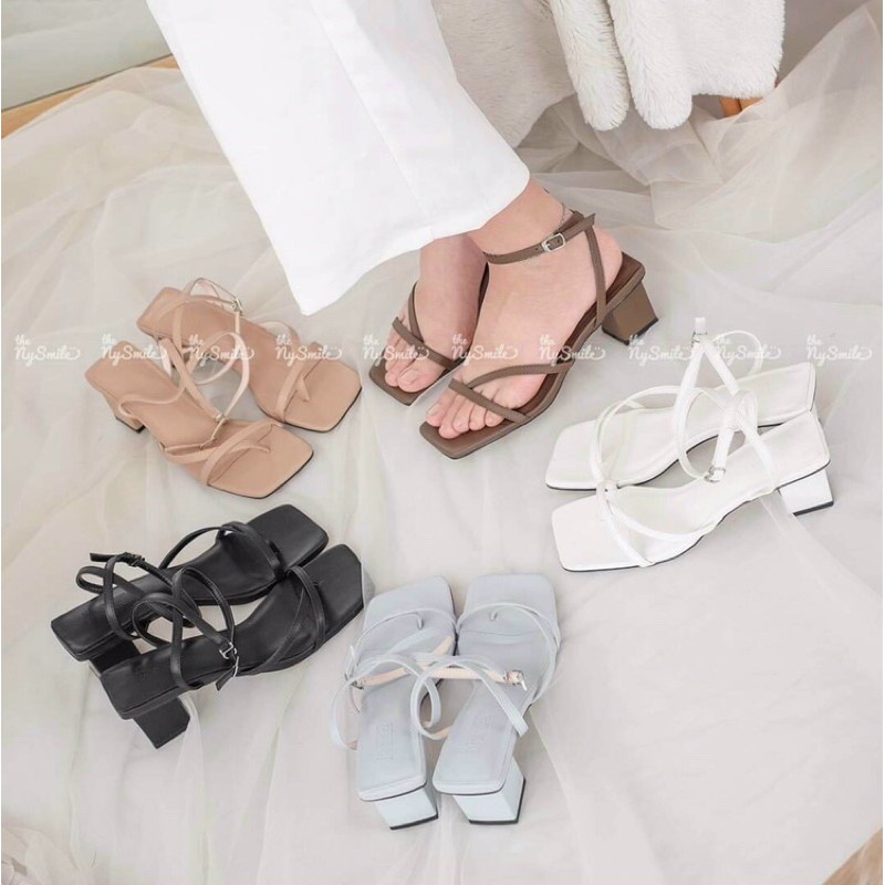 Giày sandal cao gót nữ xỏ ngón quai mảnh xéo gót vuông 4p dễ đi