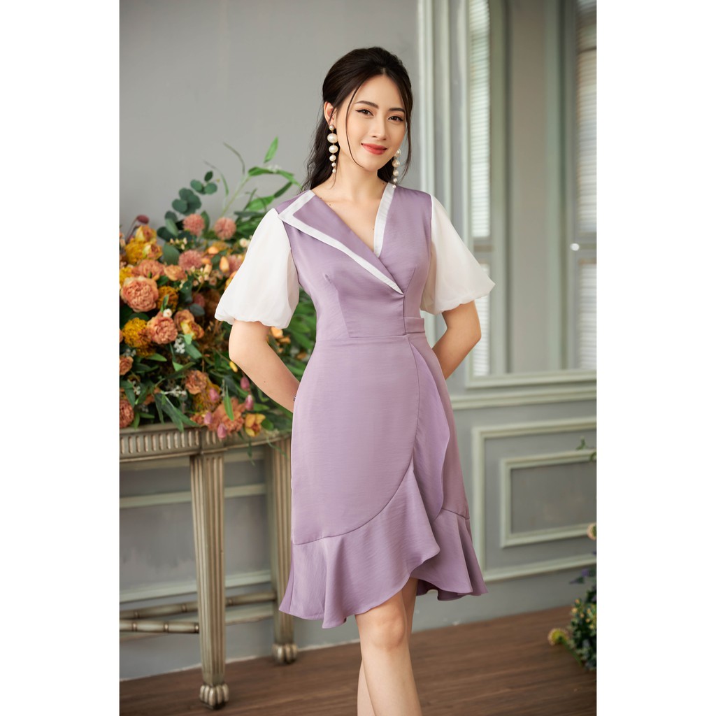Đầm xòe phối tay Tri'C Luxury cổ phối organza Tím A20720