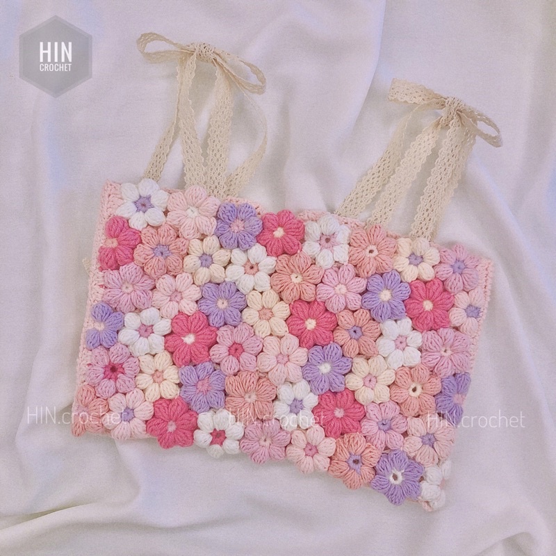 Croptop flower - Áo hoa đan móc hồng tím