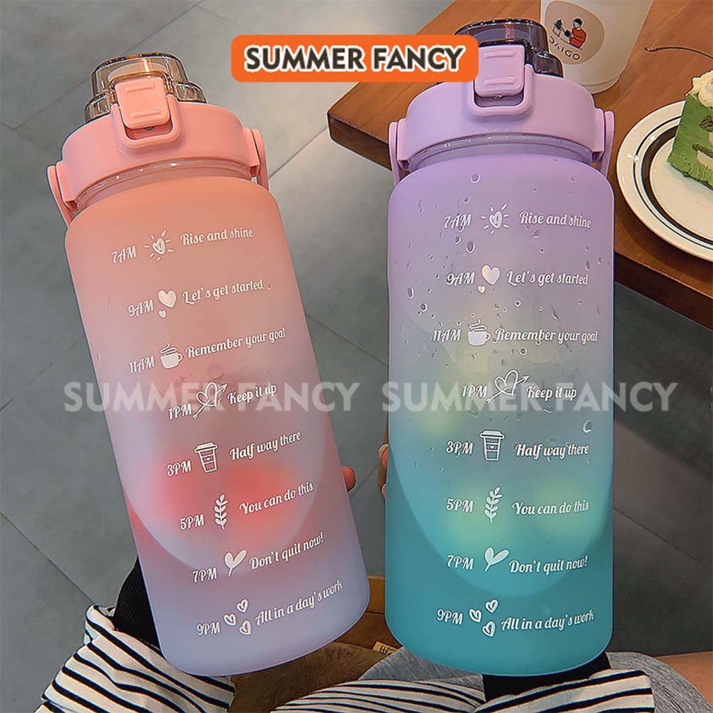 Bình Đựng Nước 2L Cute Có Ống Hút Vạch Báo Giờ Uống Nước  + Tặng sticker