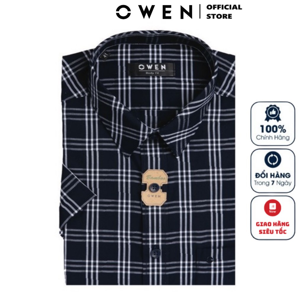 Áo Sơ Mi Nam Ngắn Tay Owen BA22657NT Somi Cộc Tay Công Sở Cao Cấp Kẻ Caro To Xanh Trắng Chất Sợi Tre Body Fit Tà Bằng