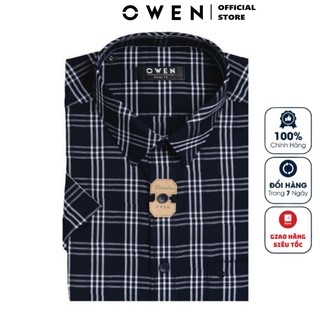 Áo Sơ Mi Nam Ngắn Tay Owen BA22657NT Somi Cộc Tay Công Sở Cao Cấp Kẻ Caro To Xanh Trắng Chất Sợi Tre Body Fit Tà Bằng