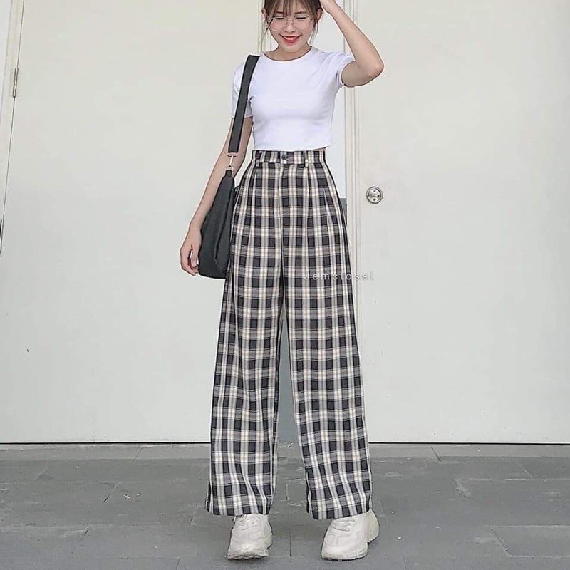 Quần Kẻ Nữ Caro Lưng Cao Dáng Rộng Ống Suông ulzzang full màu hot camastore