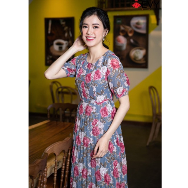 Đầm Suông Nữ Đẹp, Đầm Liền Hoa Hồng Nhung, Phần Chân Váy Xếp Li Bo Chun Eo
