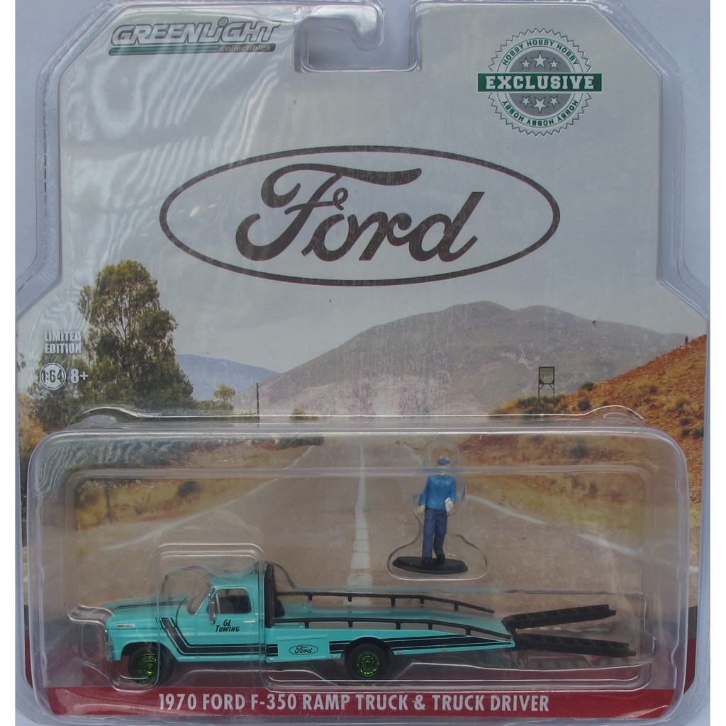 Xe mô hình FORD F350 Ramp Truck + Truck Driver GREEN MACHINE GREENLIGHT tỉ lệ 1:64