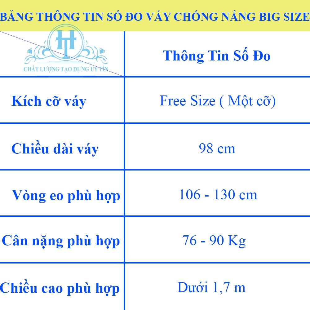 VÁY CHỐNG NẮNG BIG SIZE Vải Jean Cotton Cao Cấp Rất Dày Dặn Và Mềm Mại (Phù Hợp Cân Nặng Từ 76 - 90 Kg) H&T Fashion