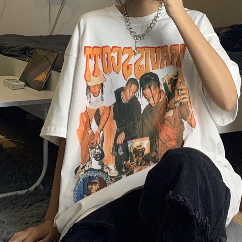 Happy-store  Áo Thun TRAVIS SCOTT Tay Ngắn In Hình Cá Tính Phong Cách Hip Hop Hàn Quốc