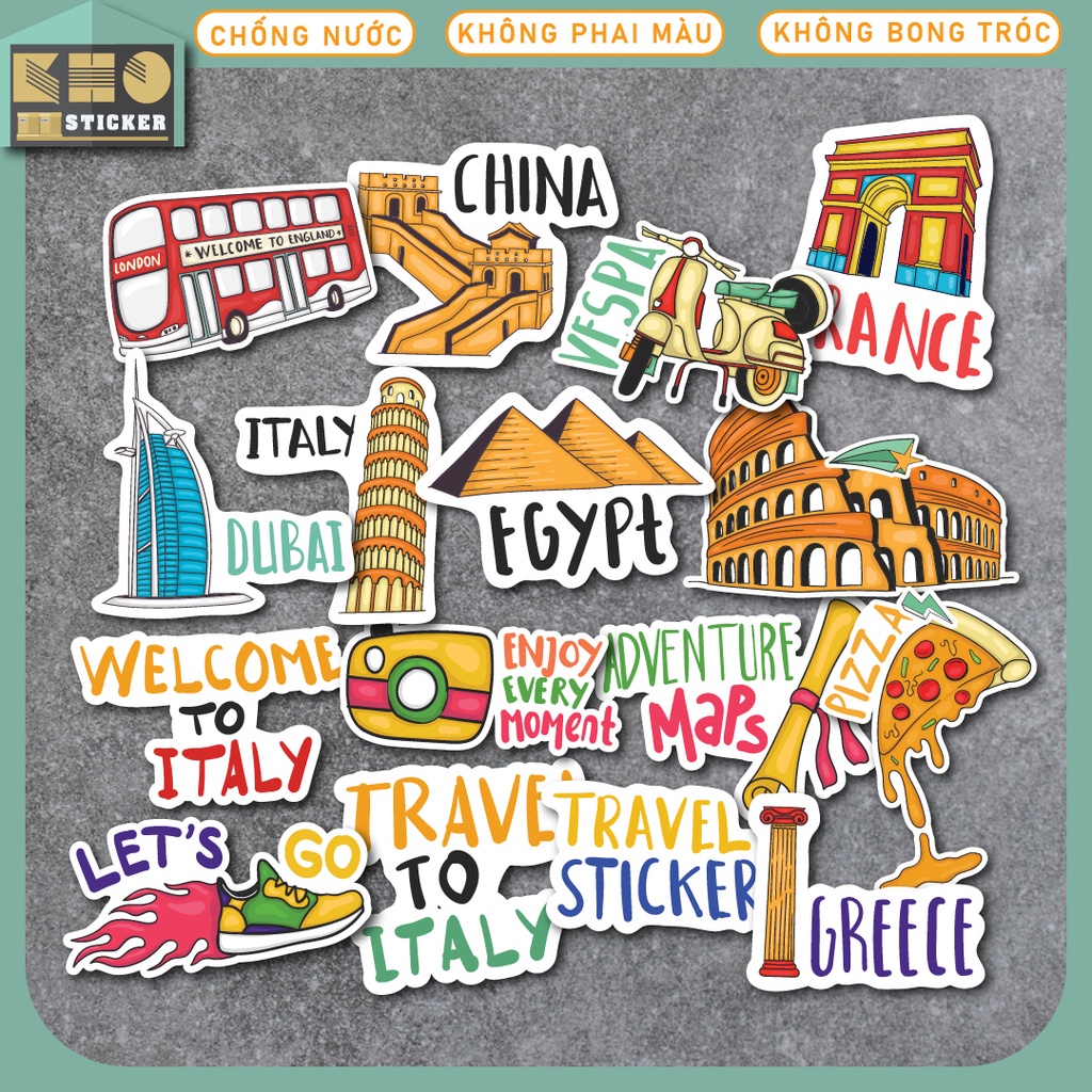 Combo 50 Sticker Du lịch chống nước sticker dán laptop, điện thoại, đàn guitar, mũ bảo hiểm, vali. MSP: ST49