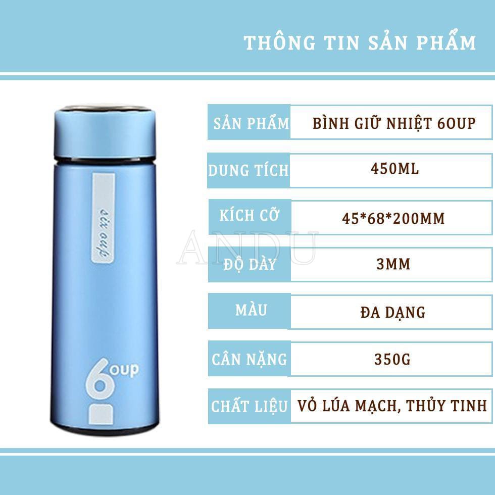 Bình nước thủy tinh giữ nhiệt bọc nhựa 6OUP 450ml, Ly giữ nhiệt siêu tiện lợi