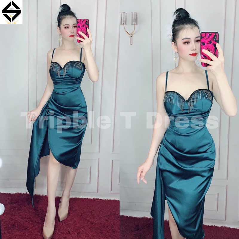 Đầm body phi thun lụa phối tua rua TRIPBLE T DRESS - Free size dưới 56kg