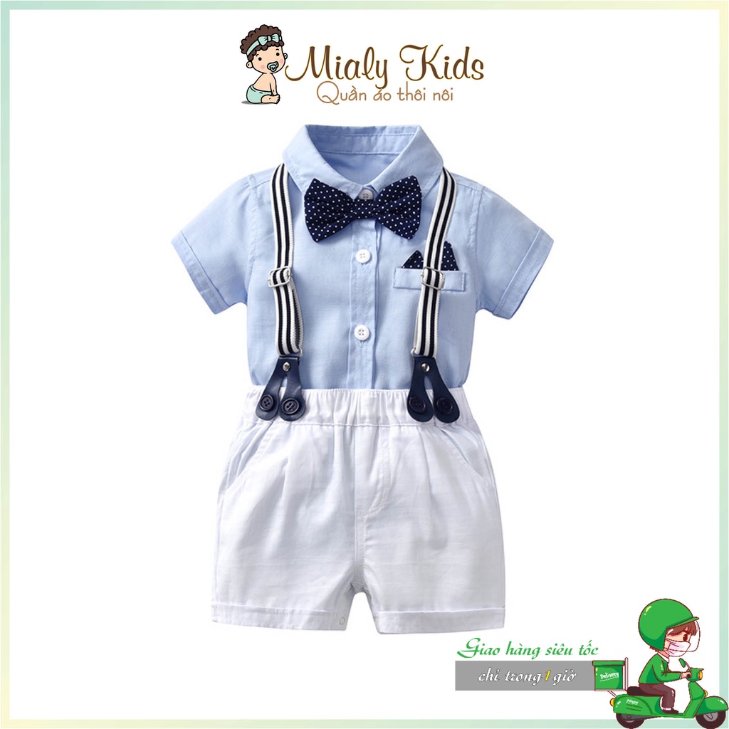 Quần áo sơ sinh cho bé trai  áo sơ mi xanh quần yếm short trắng vải lụa mềm mại thoải mái cho bé vận động