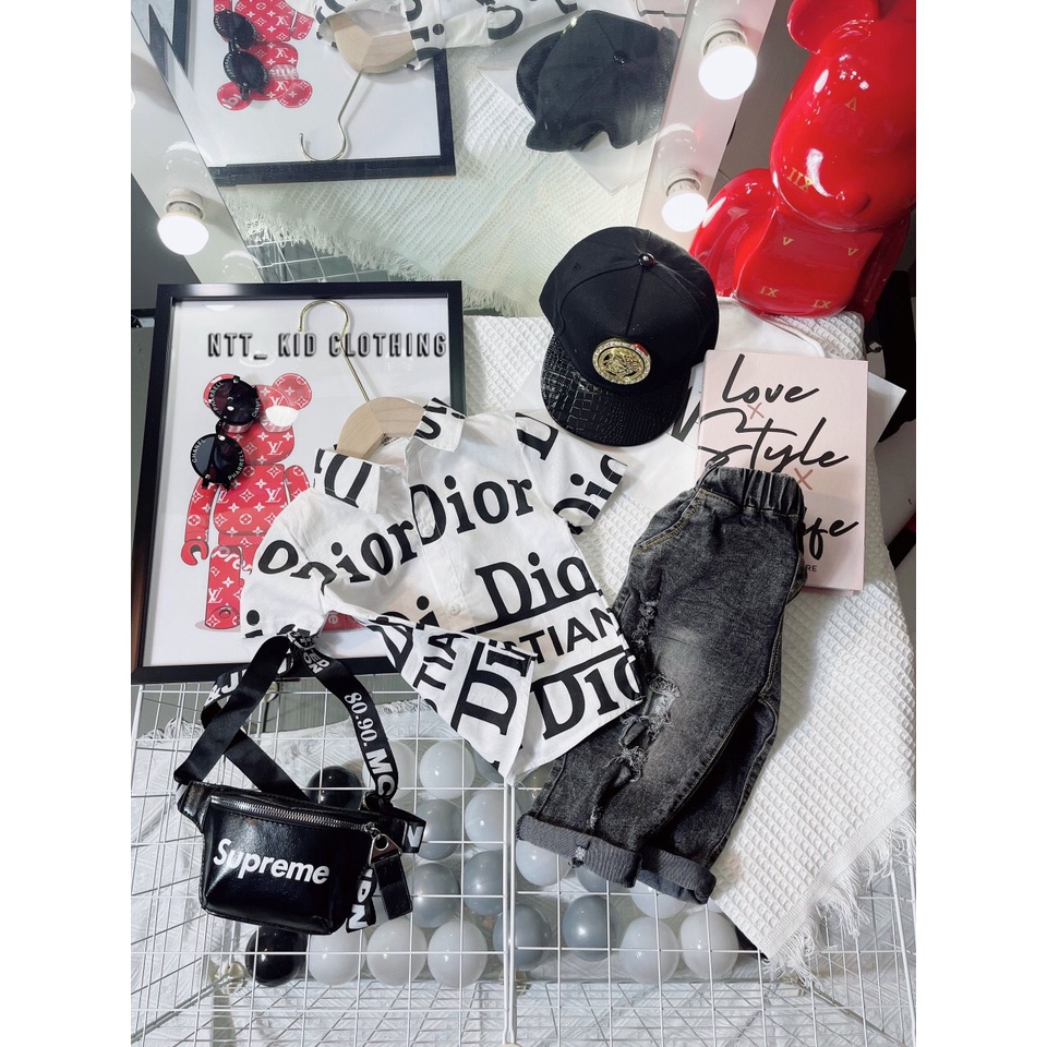 Set công tử với áo sơ mi và quần jean rách cho bé trai từ 12-26kg