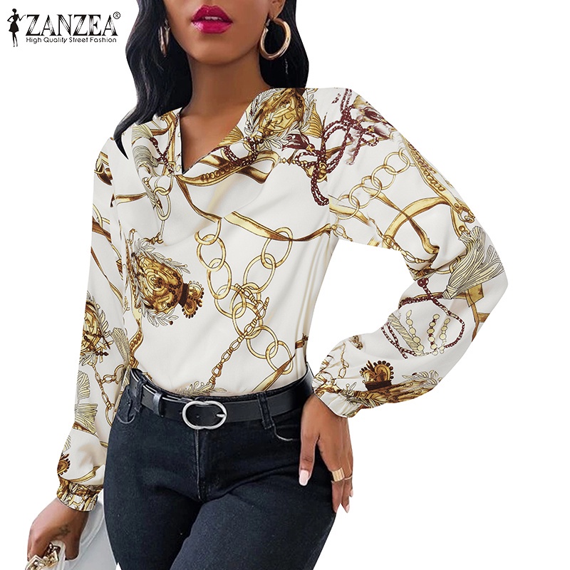 Áo kiểu nữ ZANZEA ôm dáng tay dài cổ tròn cổ tay phối chun co giãn in họa tiết kiểu cổ điển gợi cảm thời trang
