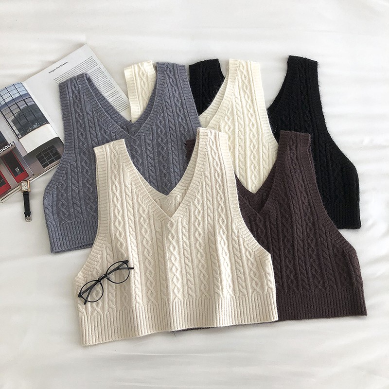 Áo len đan ngắn nữ retro mỏng cổ chữ V áo vest không tay