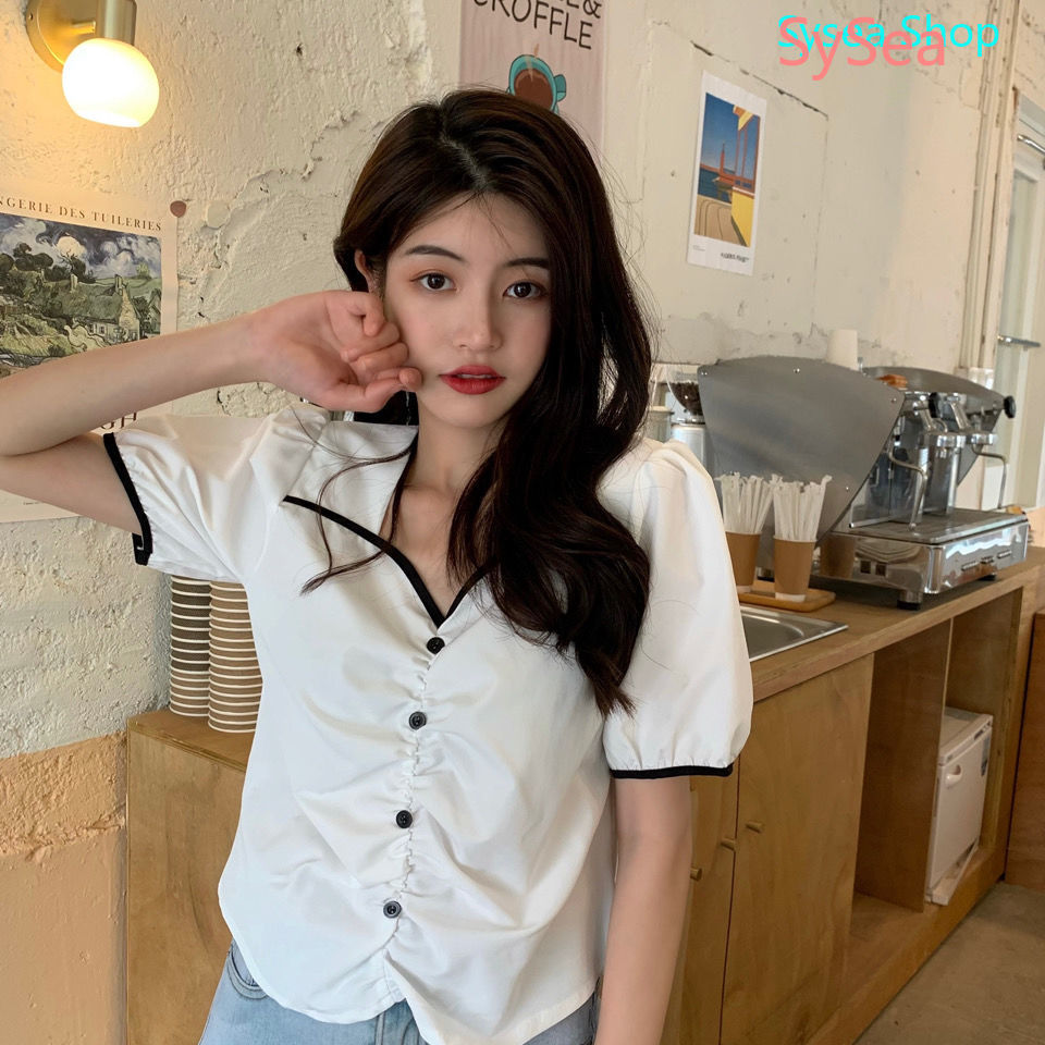 Áo Sơ Mi Trắng Cổ Trụ Tay Phồng Thời Trang Mùa Hè Cho Nữ