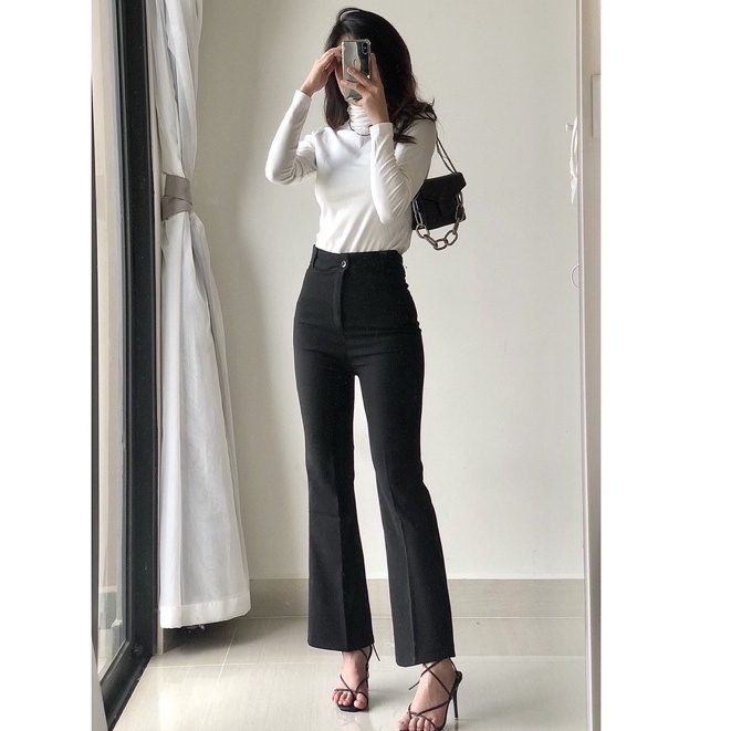 Quần ống loe cạp cao tôn dáng dài 1 cúc màu đen nâu vải tuyết mưa khóa kéo - Quần tây ống loe lưng cao nữ đi học công sở