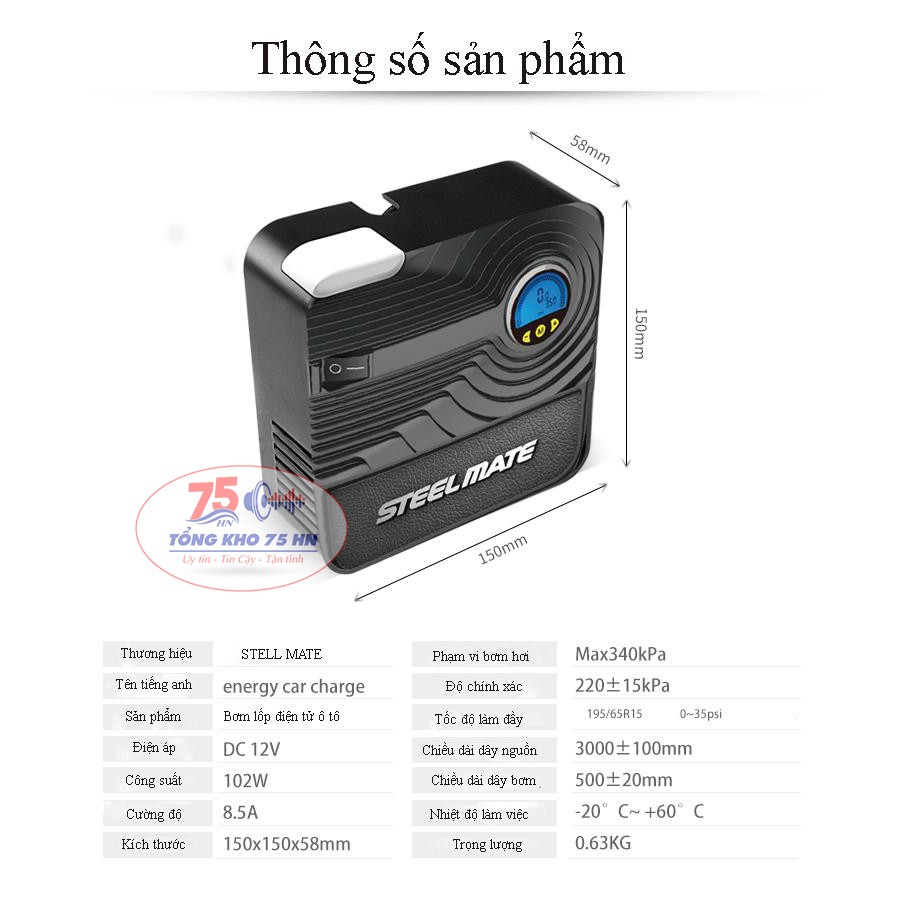 Bơm lốp ô tô Steelmate P05 - Bơm lốp tự ngắt thông minh [Bảo hành 3 tháng]