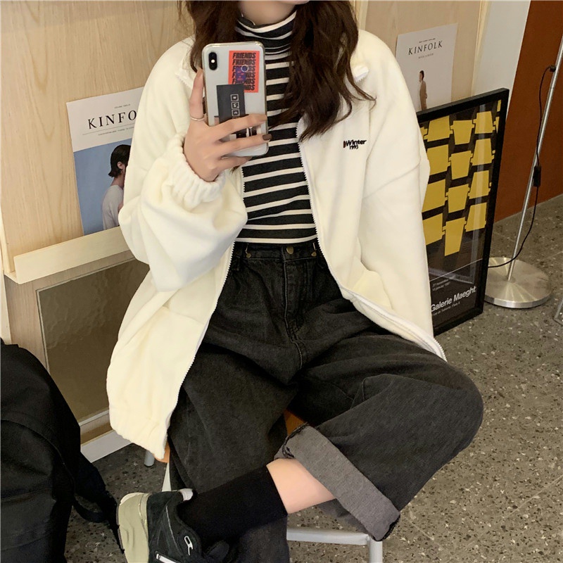 Áo khoác dài tay cổ đứng màu trơn thiết kế dáng rộng hợp thời trang