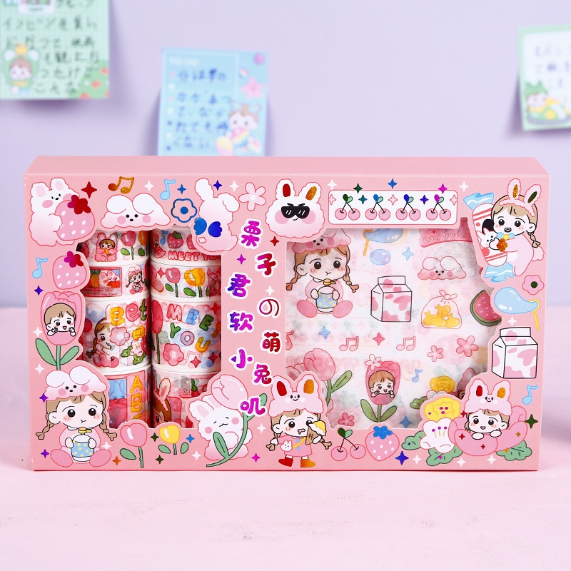 Hộp 10 cuộn washi tape + 10 tấm sticker cute băng keo trang trí sổ dễ thương loại không thấm nước