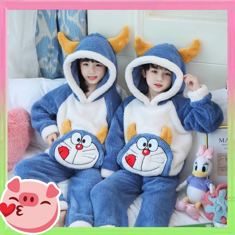 🐷Mùa đông flannel siêu dày dài tay hoạt hình đồ ngủ trẻ em lông cừu san hô