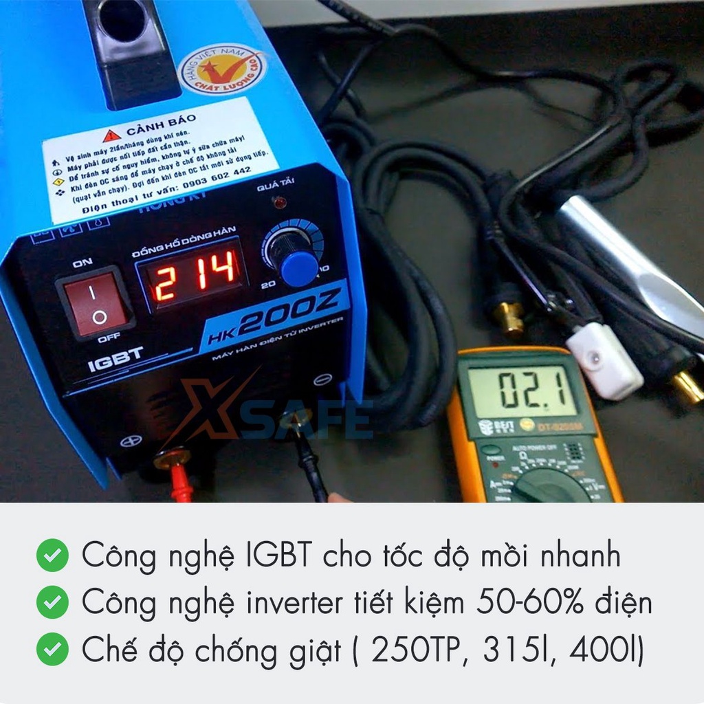 Máy hàn điện tử inverter Hồng Ký HK200Z 200 ampe, mối hàn đẹp-độ ngấu cao, chế độ chống giật, chống quá tải, quá nhiệt