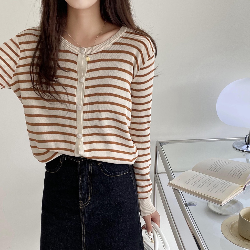 Áo khoác cardigan dệt kim mỏng dáng rộng kẻ sọc phong cách Hàn Quốc