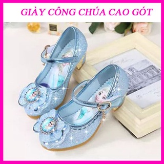 Giày cao gót công chúa Elsa cao 3cm dạng búp bê có đế cao su mềm da PU đính kim tuyến lung linh