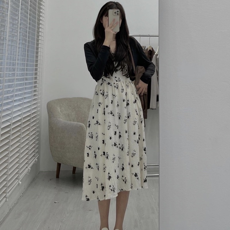 Set Váy 2 Dây Hoa Dáng Dài Kèm Áo Khoác Cadigan Đen Set Tiểu Thư Hoa