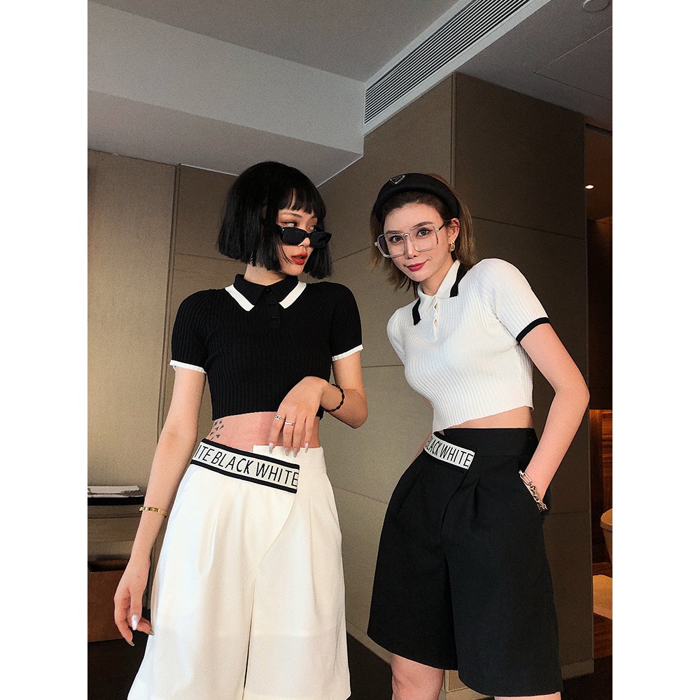 Áo dệt kim tay ngắn cổ polo phối màu tương phản phong cách Hàn Quốc xinh xắn cho nữ