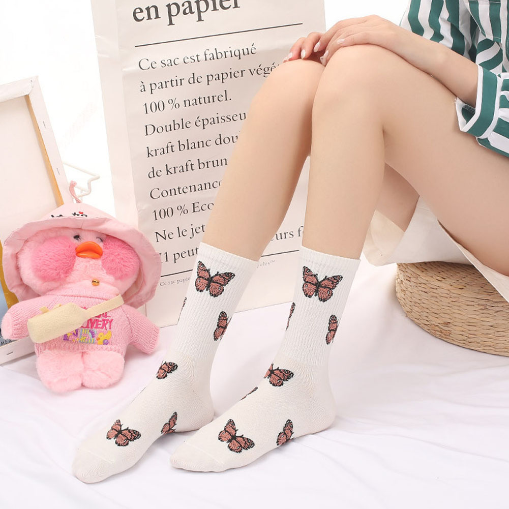 Vớ Cotton Cổ Cao In Hình Bướm Nhiều Màu Cho Nữ