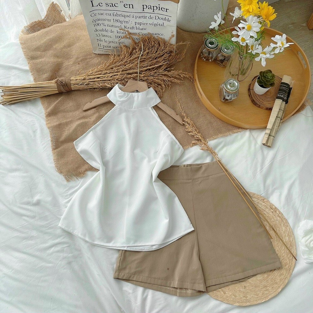 Set bộ áo đũi nhăn cổ yếm mix quần ngắn thời trang siêu xinh, cá tính