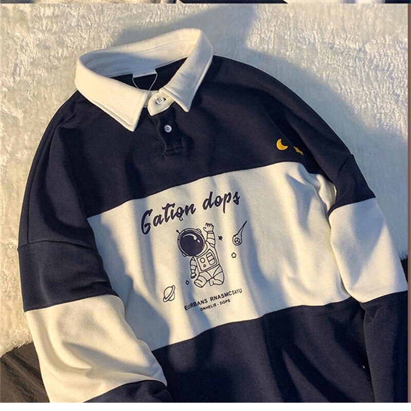 Áo thun cổ polo tay dài dáng rộng in chữ và hình thời trang mùa thu cho nữ