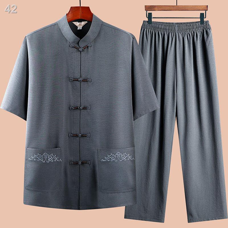 JTang suit nam cotton và linen ngắn tay Bộ đồ 50 bố mùa hè cho người trung niên già Hán ông nội 60 tuổi Quần áo