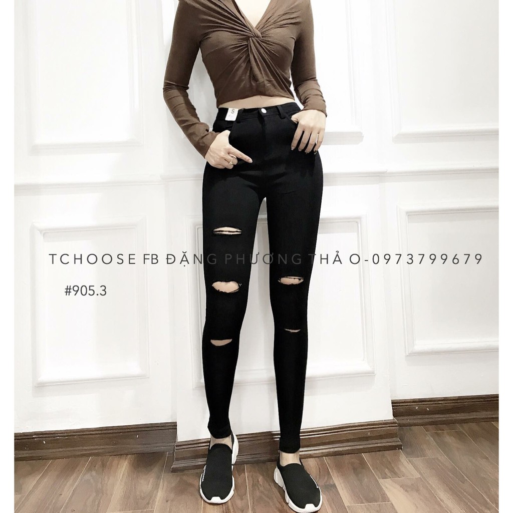 Quần jean đen lưng cao, rách 5 đường dành cho BIG SIZE