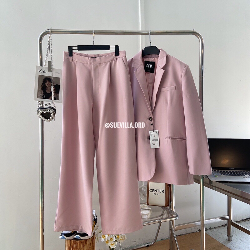 SET BLAZER HỒNG ZARA QUẦN ỐNG SUÔNG ÁO FORM RỘNG