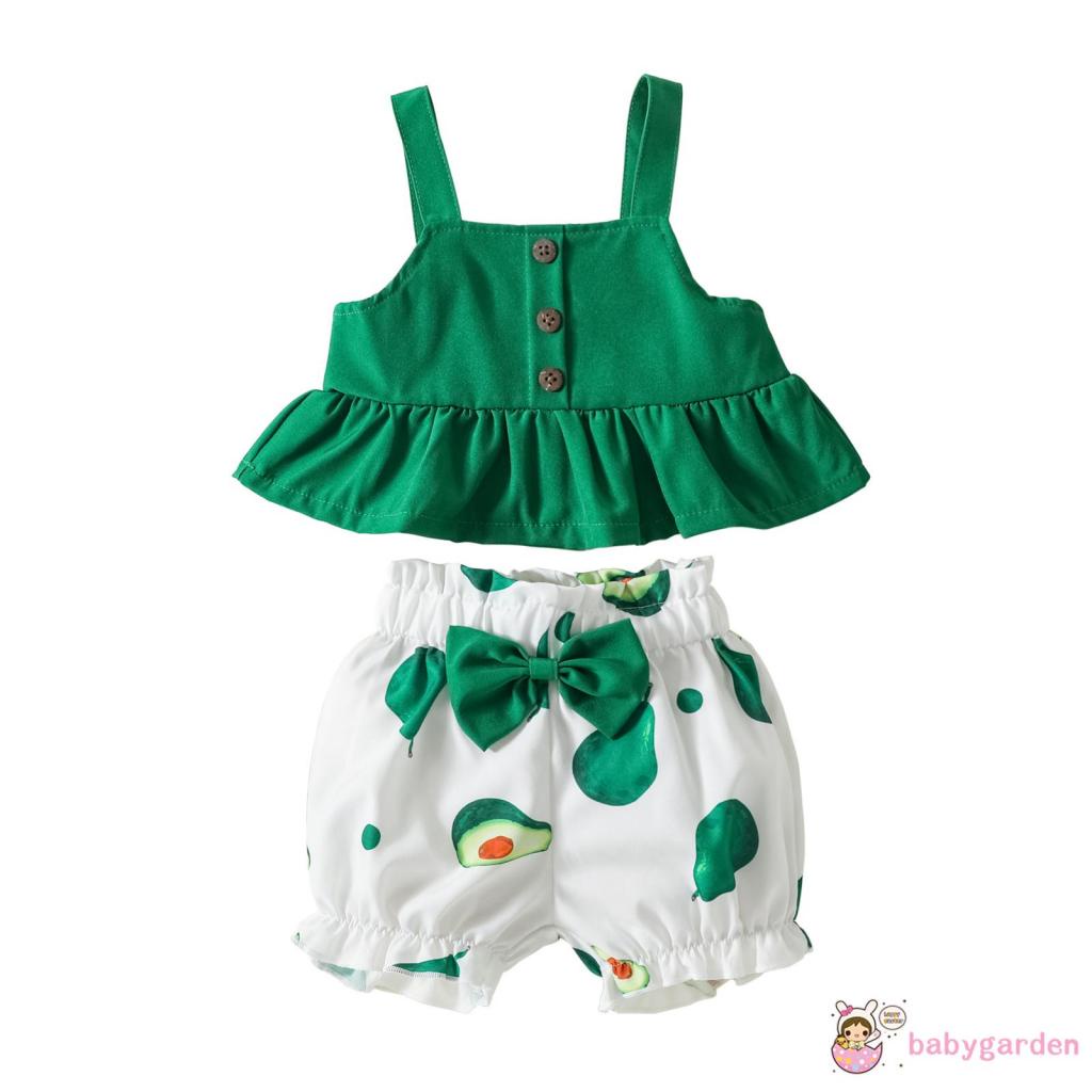 Set Đồ 2 Mảnh Gồm Áo Không Tay Màu Trơn Diềm Xếp Nếp In Hình Quả Bơ + Quần Ngắn Lưng Thun Cho Bé Gái 6 Tháng Tuổi 4 Tuổi