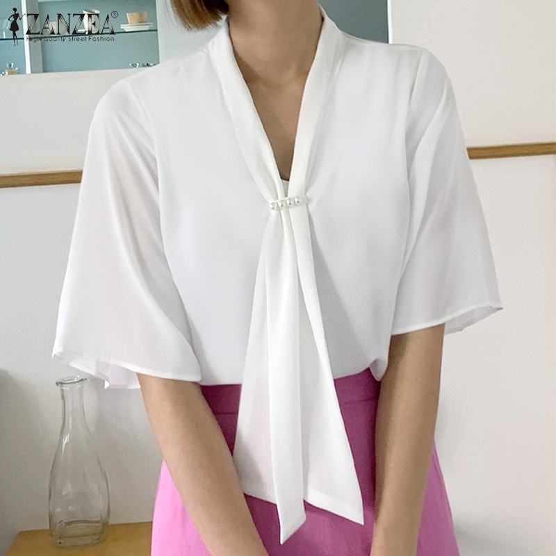 Zanzea Áo Sơ Mi Nữ Tay Ngắn Cổ Chữ V Thời Trang Thanh Lịch