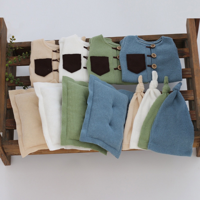 Bộ 3 Món Gồm Áo Liền Quần Bằng Cotton Thắt Nút Kèm Gối Và Mũ Làm Đạo Cụ Chụp Ảnh Cho Bé Trai