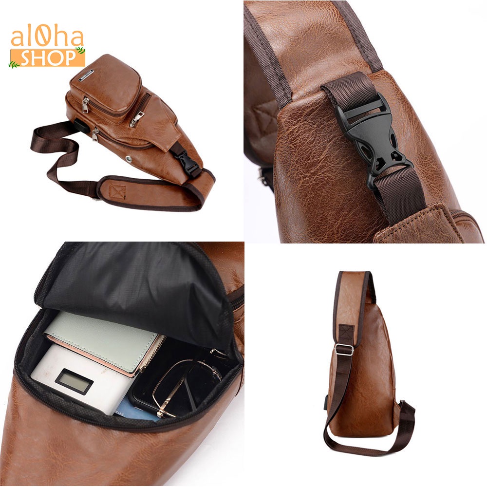 Túi đeo chéo da cao cấp tích hợp dây sạc USB, 4 ngăn unisex nam nữ chống nước thời trang - al0ha Shop
