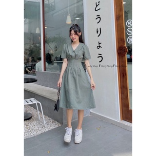 ĐẦM MIDI CỔ BẺ XẾP LY EO