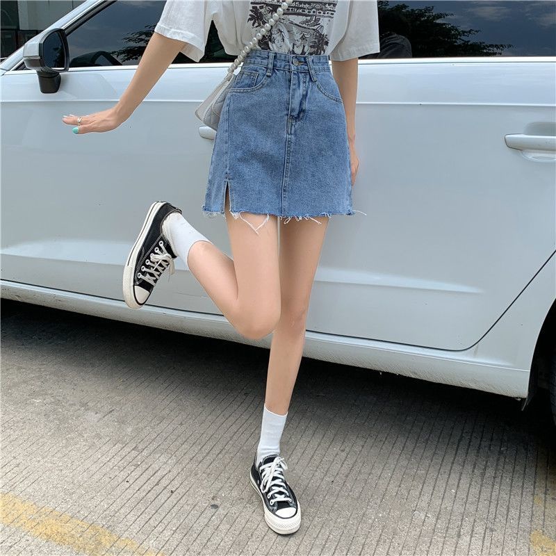 COZOK Chân váy jean Lưng Cao Xẻ Tà Đơn Giản Hợp Thời Trang Dễ Phối Đồ