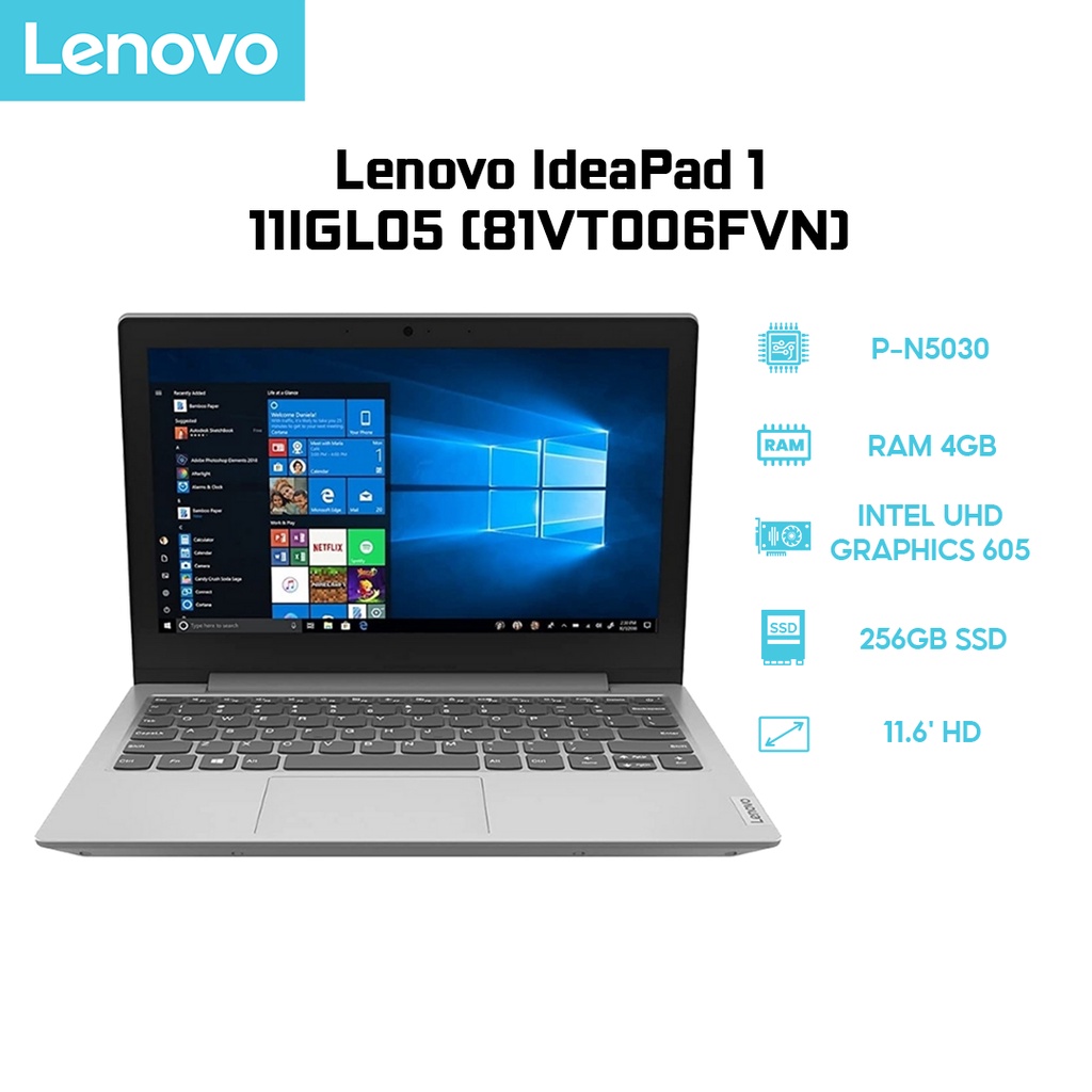 Laptop Lenovo IdeaPad 1 11IGL05 P-N5030 | 4GB | 256GB Intel UHD Graphics 605 11.6' HD | BigBuy360 - bigbuy360.vn